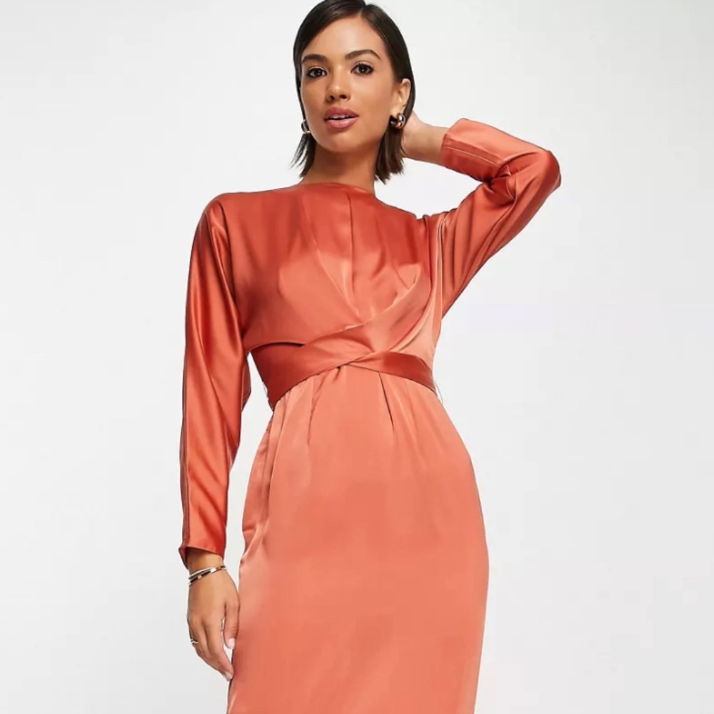 ASOS DESIGN satin maxi dress with batwing sleeve and wrap waist in rust